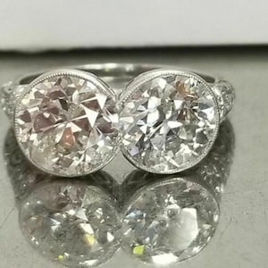 Bezel Set Two Stone Toi Et Moi Ring, Old European Cut Moissanite Diamond Wedding Ring, Antique Art Deco Engagement Ring, Vintage Style Ring