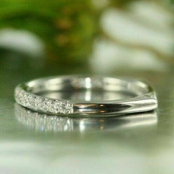 Round Moissanite Diamond Half Eternity Wedding Band, Euro Shank Engagement-Anniversary Gift Ring, 14K White Gold Minimalist Stackable Band