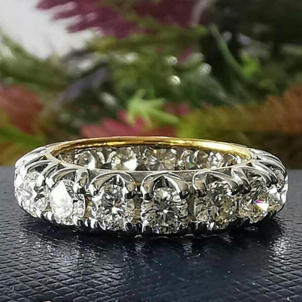 V Shape Prong Set Eternity Band, 4.14TCW Round Moissanite Diamond Full Eternity Band, Wedding Proposal Band, Two Tone Gold Engagement Band