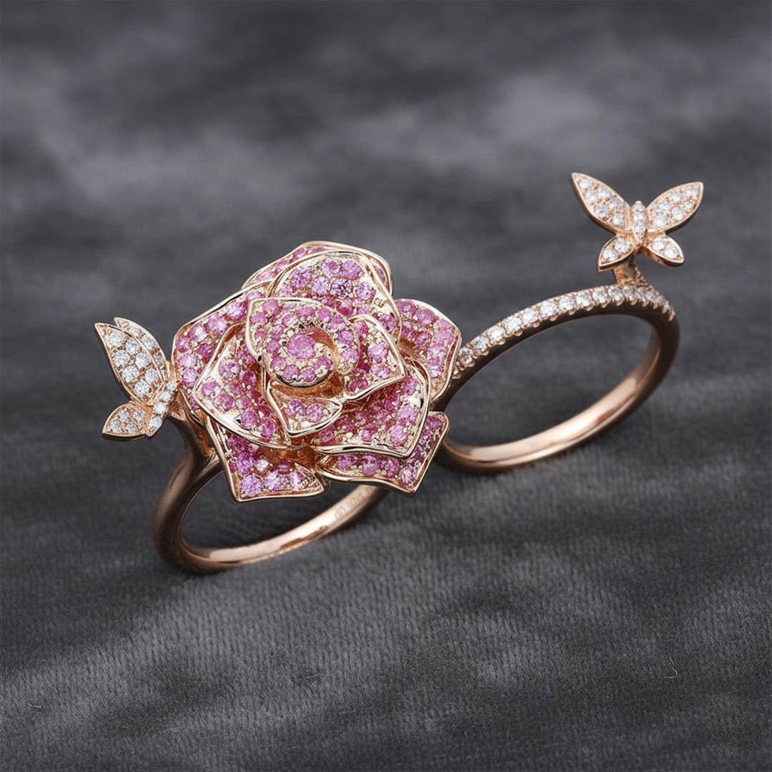 Two Roses Ring Rose Flower Inspired Two Finger Ring, Ruby Round CZ Stone Cocktail ...