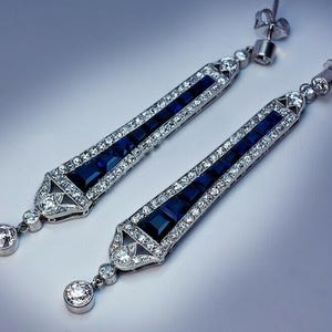Elegant Art Deco Wedding Earring, Antique Sapphire Dangle Drop Earring, Round With Blue Baguette Cut CZ Stone Earring, Party Wear Earring