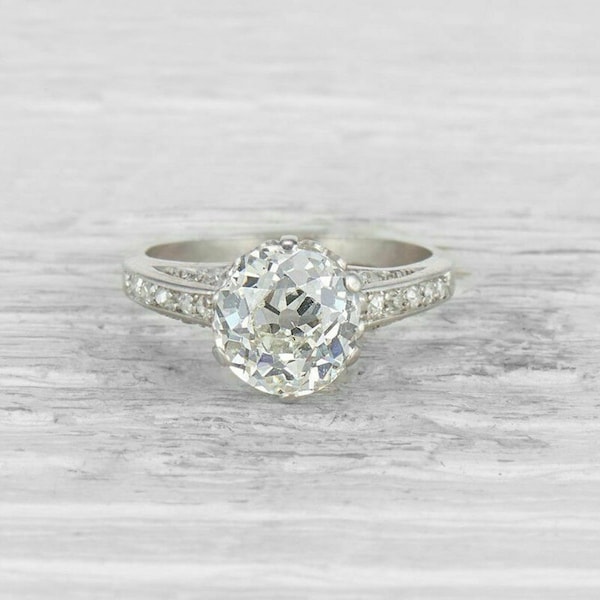 Old European Cut Moissanite Diamond Ring, Solitaire Accents Minimalist Ring, Vintage Style 14K White Gold Ring, Engagement Proposal Ring