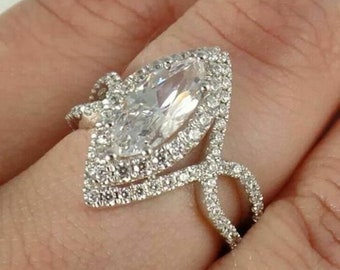 Mogelijke Halo trouwring, Marquise & Round Cut Moissanite Diamond Ring, Twisted Shank Ring, Witgouden verlovingsring, Verjaardagscadeau Ring