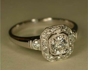 Round Moissanite Diamond Vintage Style Ring, Halo Milgrain Engagement Ring, Retro Wedding Ring, Antique Art Deco Octagon Ring, Birthday Gift