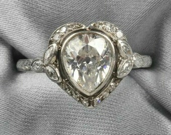 Heart Shape Art Deco Ring, Pear & Marquise Moissanite Diamond Ring, Milgrain Vintage Style Ring, Antique Leaf Inspire Ring, Anniversary Gift