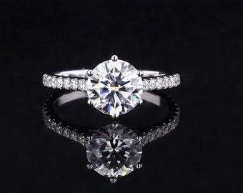 Solitario de mujer con anillo de acento, anillo de compromiso de diamantes moissanita de talla redonda, anillo de bodas de oro blanco, anillo de regalo de aniversario para ella