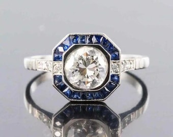Blue Baguette & Old European Cut CZ Stone Edwardian Ring, Octagon Shape Halo Vintage Style Ring, Art Deco Engagement Ring, Christmas Gift