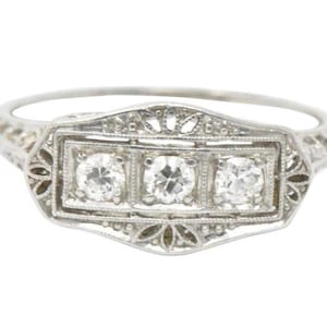 Three Stone Art Deco Ring, Round Moissanite Diamond Filigree Ring, Minimalist Edwardian Ring, Vintage Inspired Ring, Mother&#39;s Day Gift