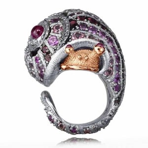 Sea Snail Ring, Multi Shape CZ Stone Snail Ring, Unique Cocktail Ring For Women, 925 Silver Animal Inspired Ring, Two Tone Wedding Ring