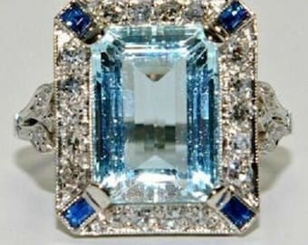 14X10 MM Aqua Emerald Cut CZ Stone Ring, Trendy Party Wear Wedding Ring, Designer Halo Set Engagement Ring, Amazing Cocktail Ring For Woman