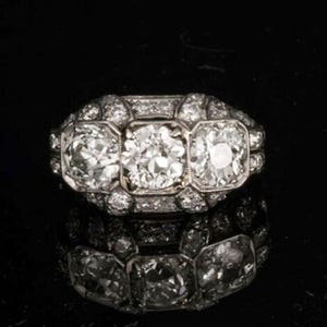 Three Stone Art Deco Style Ring, Old European Cut Moissanite Diamond Vintage Look Ring, Mid-Century Ring For Mother, Women&#39;s Edwardian Ring