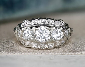 Round Moissanite Diamond Vintage Ring, Three Stone Retro Ring, Art Deco Wedding Ring, Antique Jewelry, Anniversary Gift Ring, Fine Jewelry