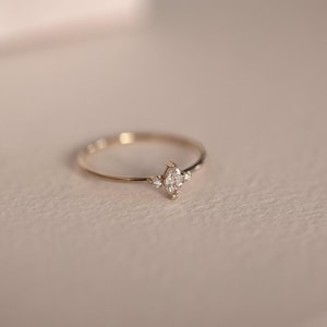 Dainty Three Stone Ring, Marquise & Round Moissanite Diamond Dainty Ring, 14K Yellow Gold Engagement Ring For Women, Minimalist Promise Ring