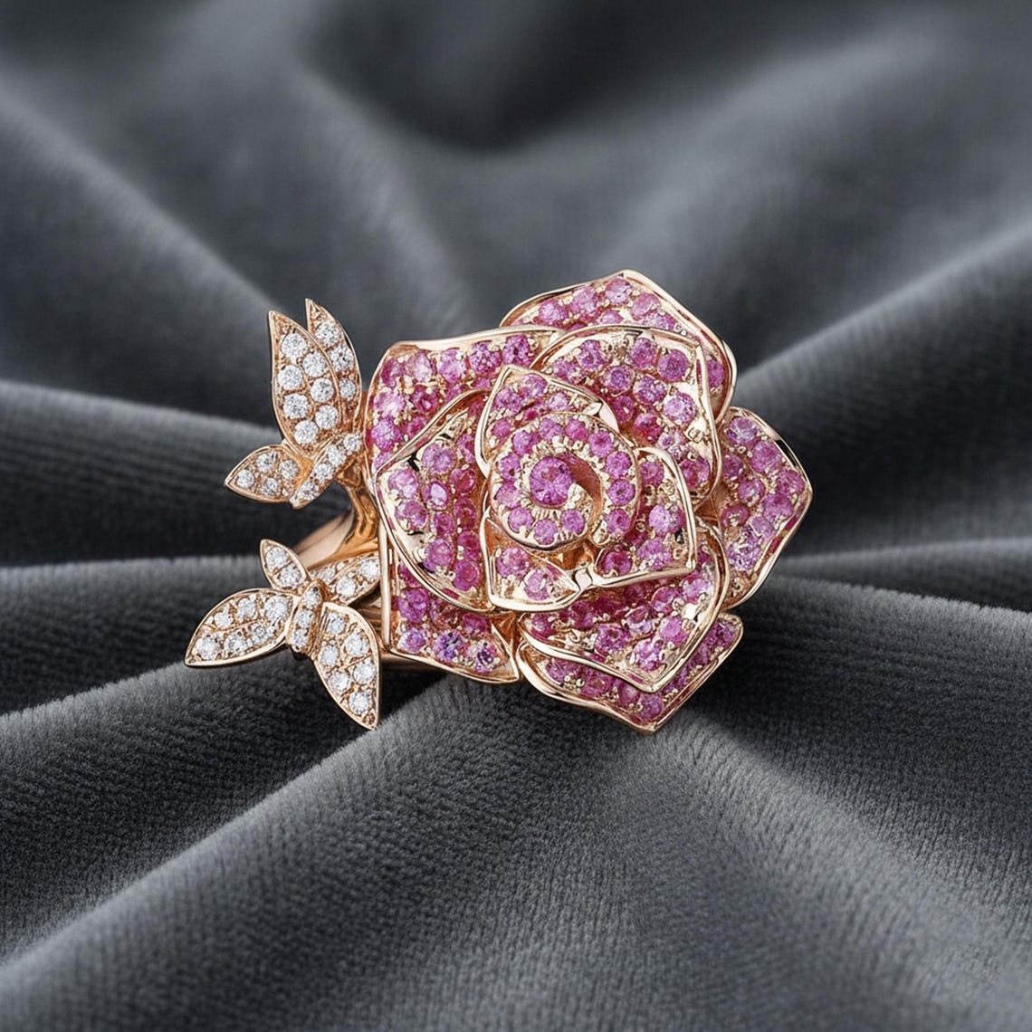 Two Roses Ring Rose Flower Inspired Two Finger Ring, Ruby Round CZ Stone Cocktail ...