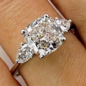 2.30 TCW Cushion & Pear Moissanite Diamond Ring, Solitaire Engagement Three Stone Ring, Classic Wedding Delicate Ring, Handmade Jewelry