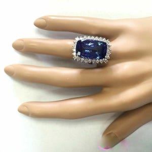 Elongated Blue Cushion & Round Cut CZ Stone Ring, Halo Sapphire Cocktail Ring, Wedding Bridal Ring, Unique Gemstone Ring, Party Wear Ring