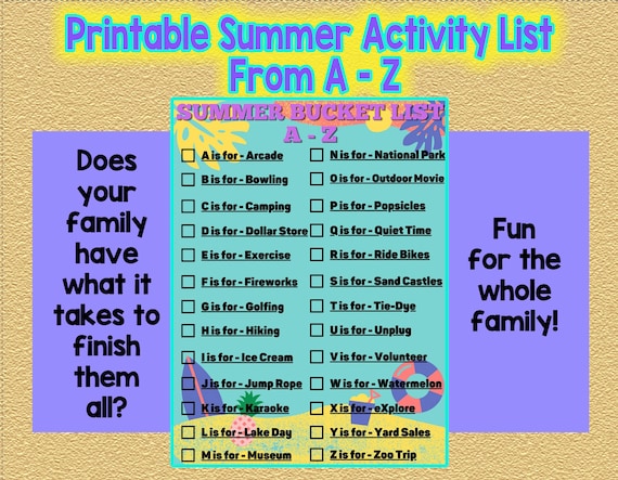 Summer Bucket List For Kids and Families A  Z Printable