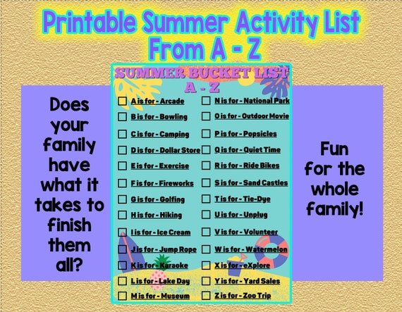 Summer Bucket List For Kids and Families A  Z Printable