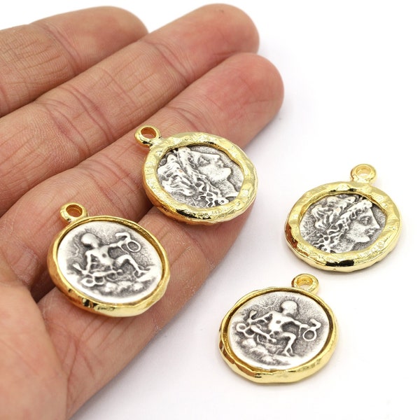 22mm 24 K Shiny Gold Plated And Antique Silver Plated Two Holes Medallion Pendant, Greek Coins Bracelet, Two Color Medallion, Pendant - G989