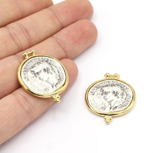 26x33mm 24 K Shiny Gold Plated and Antique Silver Plated Medallion Pendants, Greek Coins, Necklace Findings, Medallion Findings - G1586