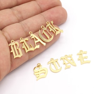 Shiny Gold Plated English Letter Charms, Name Letter Necklace, Alphabet Charms, 24 K Gold Plated Old English Letter Charms, 11x17mm G998