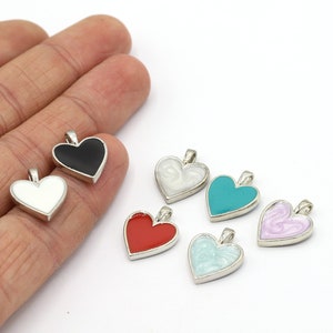 14x17mm Rhodium Plated Heart Pendants, Double-Sided Enamel Heart, Heart Necklace, Necklace Findings, Heart Charms, Enamel Heart - RD269