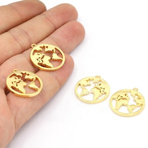 20 x 23 mm Plaqué or 24 carats Pendentif carte du monde, pendentif terre, breloques du monde, pendentif voyage, pendentif monde, terre, breloques, pendentif - G1064