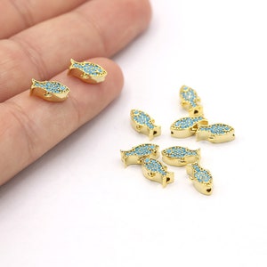 5x10mm 24 K Shiny Gold Plated CZ Micro Pave Fish Beads, CZ Pave Fish Charms, Cubic Zirconia Fish Bracelet Charms, Fish Beads - ZC160