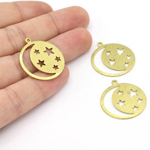 25x28mm Raw Brass Moon and Star Charms, Moon and Star Pendants, Round Disc Charms, Raw Brass Disc, Raw Brass Charms - R458