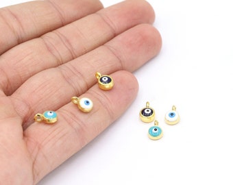 Colgante redondo de ojo turco de 6 x 9 mm, chapado en oro brillante de 24 quilates, dijes de ojo turco, colgantes, ojo turco, colgante de ojo, accesorios para collar - G263