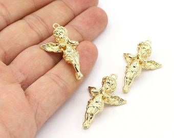 23x37mm 24 K Shiny Gold Plated Angel Pendant, Gold Plated Angel Charms, Gold Plated Winged Angel Necklace, Angel Pendant - G1475