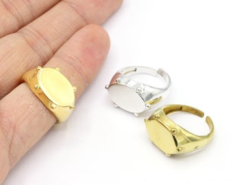 Innerstorlek 17 mm 24 K glänsande guldpläterad, rodiumpläterad, justerbara ringfattningar i rå mässing, Bazelringar, ringämnesbas med 10 mm dyna - G723