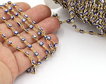 4mm 24 K Shiny Gold Plated Linked Evil Eye Chains, Foot Chains, Rosary Chain, Channel Set Chains, Necklace Findings - C239