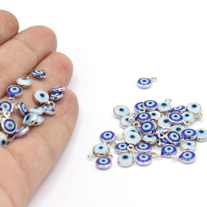 7 x 10 mm rodiumpläterade runda berlocker, onda ögat-hänge, onda ögat-berlocker, hängen, onda ögat, ögonhänge, halsbandsdetaljer - RD842