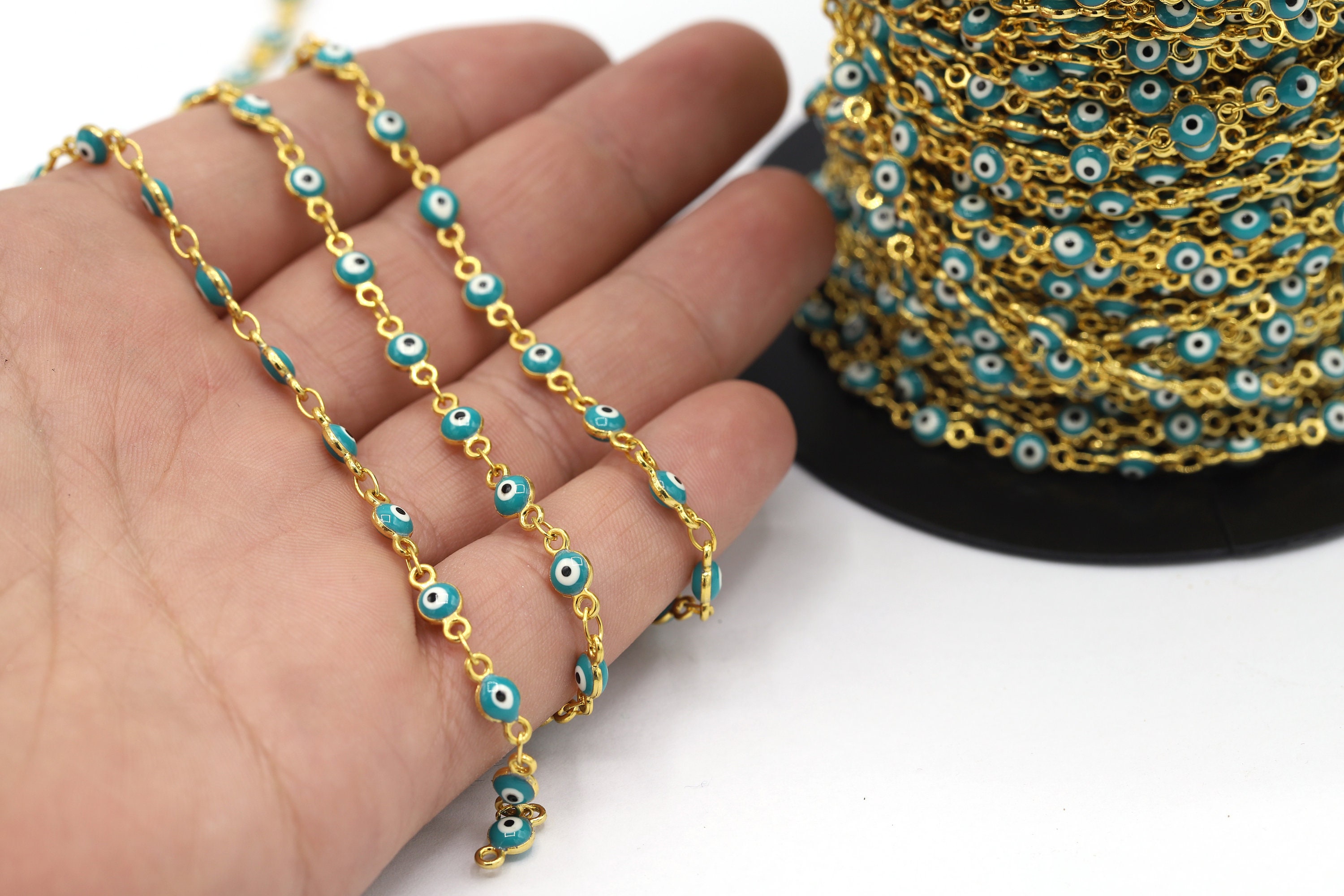 4,5mm 24 K Shiny Gold Plated Linked Evil Eye Chains, Foot Chains, Rosary Chain, Channel Set Chains, Necklace Findings - C265
