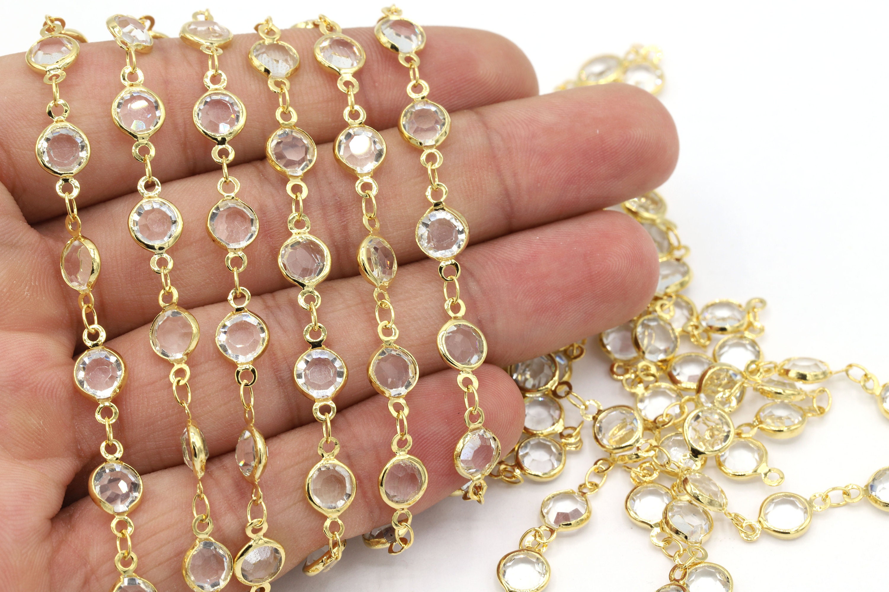 7mm 24 K Shiny Gold Plated Linked Crystal Chains , Foot Chains , Rosary Chain , Channel Set Chains , Necklace Findings - C236