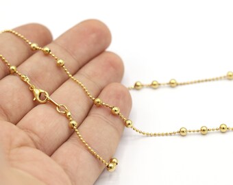 1mm 24 K Shiny Gold Plated Finished Chain, Finished Necklace, Gold Plated Ready-Made Necklace, Gold Plated Ball Chain -G672
