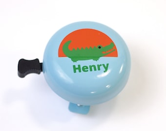 New at Etsy, children's bicycle bell, crocodile motif, personalized, 6 cm diameter, nice sound, top quality, new design, robust