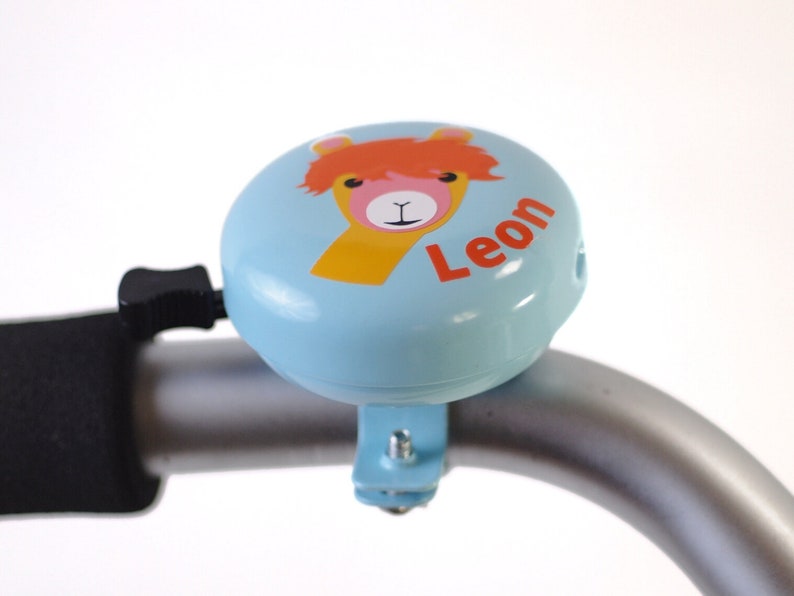 New at Etsy, bicycle bell for children's bikes, alpaca motif, personalized, 6 cm diameter, beautiful sound, top quality, new design, robust image 2