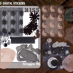 May include: A digital sticker sheet with a variety of designs, including a sun, a moon, a yin yang symbol, a crystal, a flower, and the words "Focused" and "Dreamer". The stickers are in black, white, and gray.