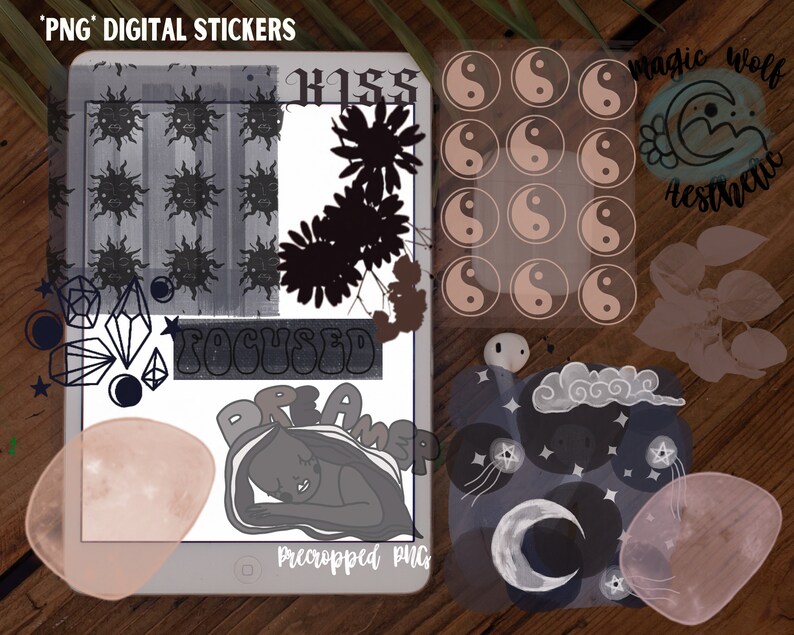 May include: A digital sticker sheet with a variety of designs, including a sun, a moon, a yin yang symbol, a crystal, a flower, and the words "Focused" and "Dreamer". The stickers are in black, white, and gray.