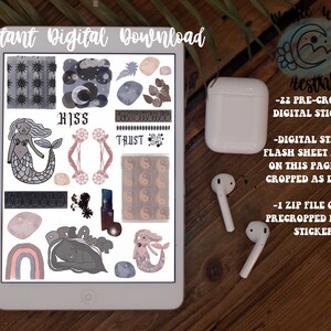 May include: A digital download sheet of 22 pre-cropped stickers featuring a variety of designs, including mermaids, moons, stars, crystals, and inspirational words like "Trust" and "Focused".