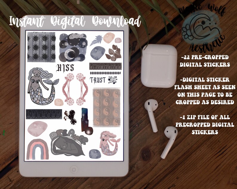 May include: A digital download sheet of 22 pre-cropped stickers featuring a variety of designs, including mermaids, moons, stars, crystals, and inspirational words like "Trust" and "Focused".