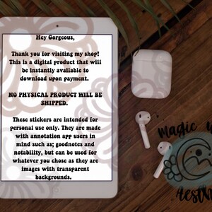 May include: A digital product listing for stickers intended for personal use. The listing includes a description of the product and its intended use, as well as a note that no physical product will be shipped. The image also includes a pair of white wireless earbuds and a graphic of a crescent moon with a flower and the text "Magic Wolf Aesthetic".