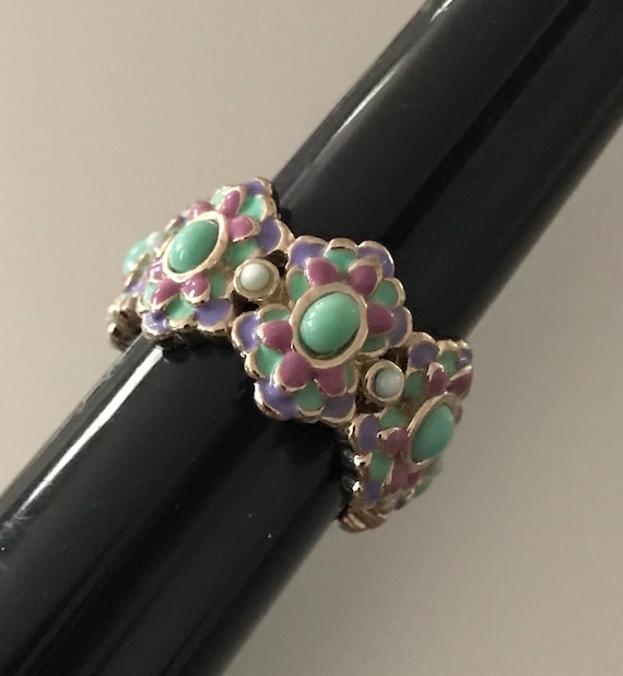 Vintage Pastel Color Enamel Flower Turquoise Fancy Band Statement Ring Marked
