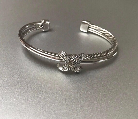 Designer Inspired Rhinestone Crossover Silver Cuf… - image 3