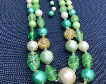 Collier Vintage Années 1930/1950 - 3 Rangs De Perles En Pâte De Verre Bleu Ciel Mordoré