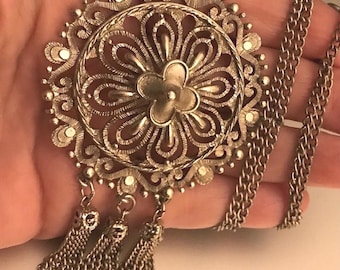 Vintage Ornate Filigee Medalion Tassel  Chain Necklace