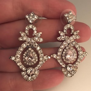 Vintage Kenneth Jay Lane Signed Art Deco Rhinestone Silver tone Dangle Drop Earrings Pierced New Old Stock