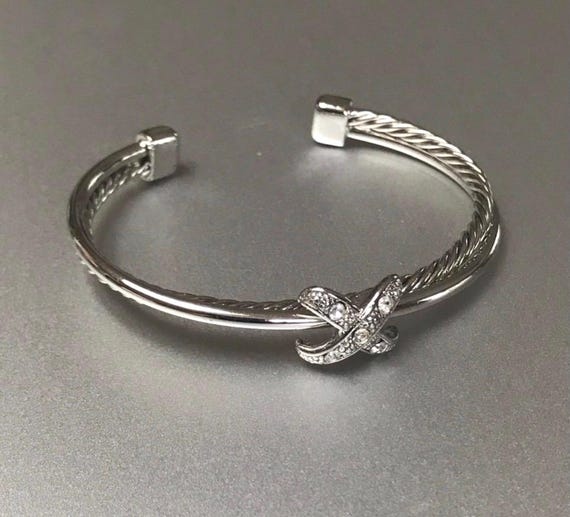 Designer Inspired Rhinestone Crossover Silver Cuf… - image 4